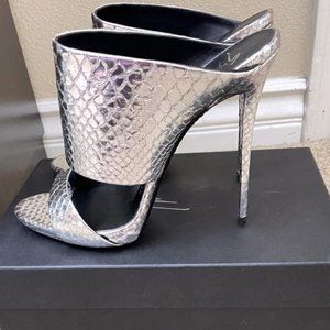 Giuseppe Zanotti Silver Snake-Embossed Sandals